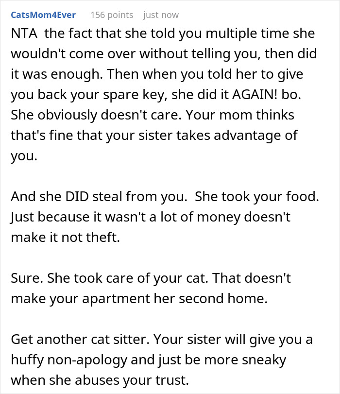A detailed Reddit comment explaining the sister's repeated intrusions into her brother's home, resulting in revoked membership. A detailed Reddit comment explaining the sister's repeated intrusions into her brother's home, resulting in revoked membership.