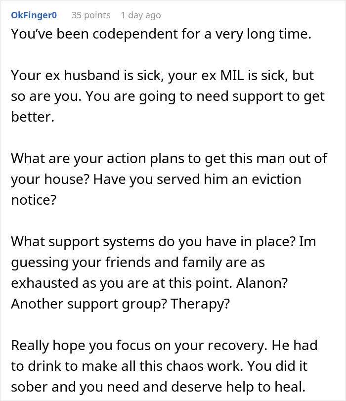 Entitled MIL Refuses To Take In Her Drunk Son, Blames His Ex-Wife For Finally Quitting The Role Entitled MIL Refuses To Take In Her Drunk Son, Blames His Ex-Wife For Finally Quitting The Role