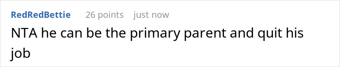 A Reddit comment suggesting the husband become the primary caregiver and quit his job for the orphaned nephew. A Reddit comment suggesting the husband become the primary caregiver and quit his job for the orphaned nephew.