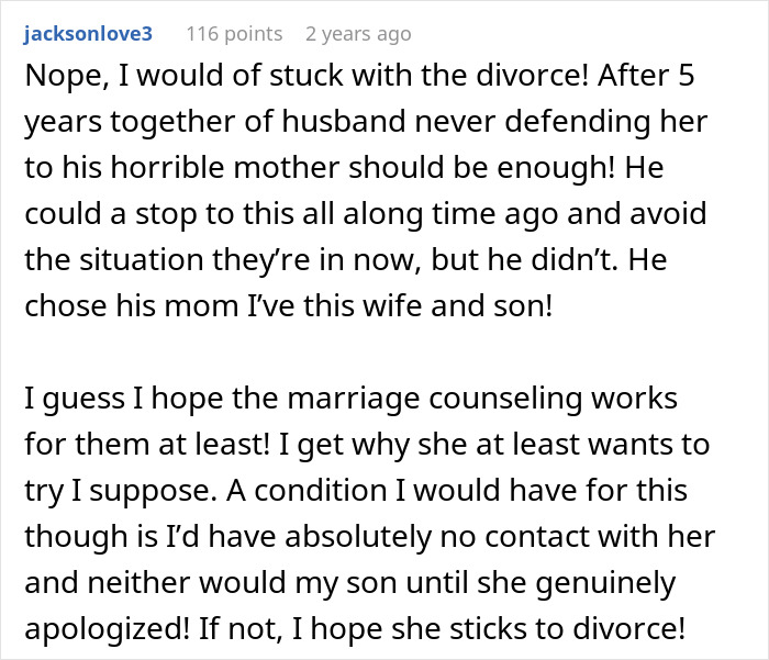 A comment about MIL driving woman to leave her son, suggesting divorce due to husband not defending his wife. A comment about MIL driving woman to leave her son, suggesting divorce due to husband not defending his wife.