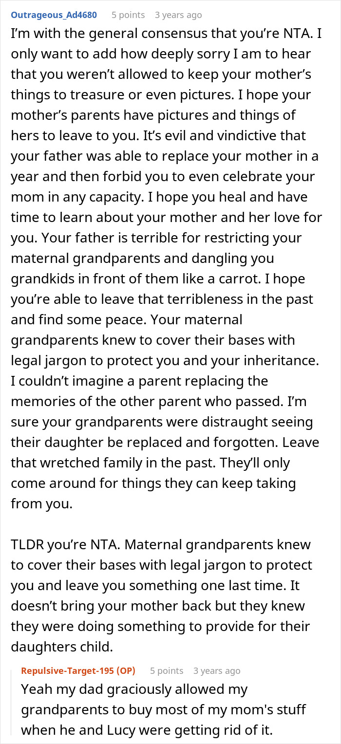 A detailed forum post discussing a woman adopted by her stepmom and a brother refusing her inheritance. A detailed forum post discussing a woman adopted by her stepmom and a brother refusing her inheritance.