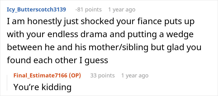 A Reddit comment expressing shock at the fiance putting up with wedding dispute drama and family division. A Reddit comment expressing shock at the fiance putting up with wedding dispute drama and family division.