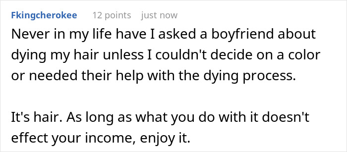 A Reddit comment states that hair color changes shouldn't be controlled by a boyfriend.