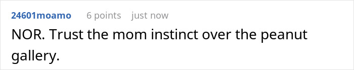 Screenshot of a comment: 'NOR. Trust the mom instinct over the peanut gallery.' regarding a man who wants to be with his GF but not her children. Screenshot of a comment: 'NOR. Trust the mom instinct over the peanut gallery.' regarding a man who wants to be with his GF but not her children.