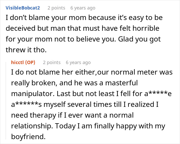 Screenshot of a comment from OP about therapy and a manipulative new bf and mom for their son. Screenshot of a comment from OP about therapy and a manipulative new bf and mom for their son.