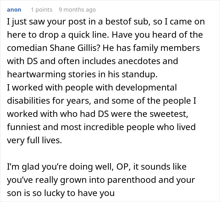 A heartwarming comment offering support and resources for a mom with a baby with Down Syndrome, highlighting positive experiences.