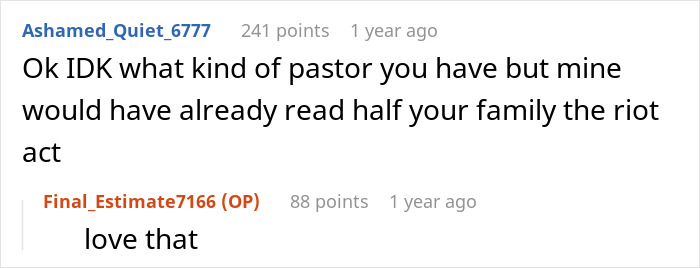 A screenshot showing a comment discussing a pastor's role in a wedding dispute, suggesting a read riot act to family members. A screenshot showing a comment discussing a pastor's role in a wedding dispute, suggesting a read riot act to family members.