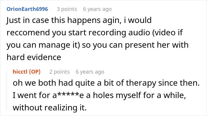 Screenshot of a comment suggesting recording audio for evidence regarding mom, new bf, entitled rules, and son. Screenshot of a comment suggesting recording audio for evidence regarding mom, new bf, entitled rules, and son.