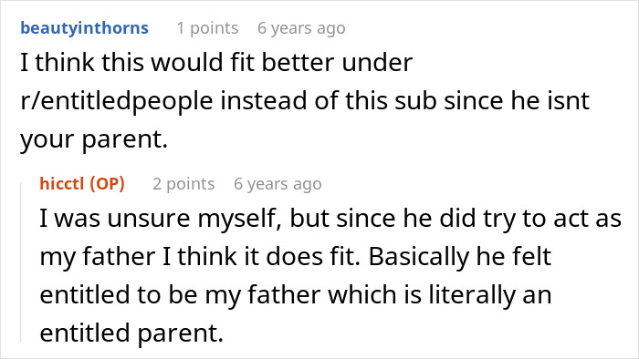 A screenshot of a Reddit comment suggesting the post belongs in r/entitledpeople because the mom's new bf was entitled and ruled the son. A screenshot of a Reddit comment suggesting the post belongs in r/entitledpeople because the mom's new bf was entitled and ruled the son.