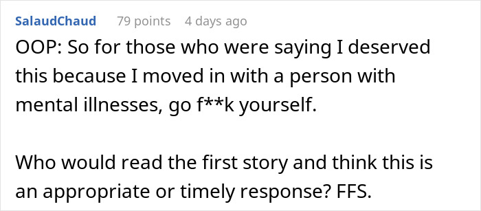 A screenshot of a comment from SalaudChaud about a woman's roommate, cats, and destroyed home. A screenshot of a comment from SalaudChaud about a woman's roommate, cats, and destroyed home.