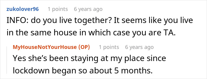 A screenshot of a Reddit comment asking the original poster about their living situation and their girlfriend's boundaries.