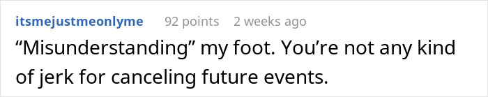 A screenshot showing a comment about the family free table tradition, dismissing a misunderstanding.