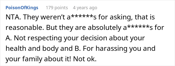 A Reddit comment discussing the adopted teen's birth parents demand, differentiating between asking and harassing. A Reddit comment discussing the adopted teen's birth parents demand, differentiating between asking and harassing.