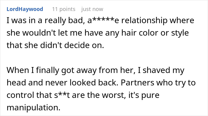 A Reddit comment discussing a bad relationship where a partner controlled hair color and style, leading to a breakup.