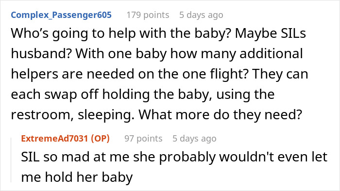 A Reddit comment regarding a MIL and SIL going ballistic during a family trip after a woman upgrades flight tickets. A Reddit comment regarding a MIL and SIL going ballistic during a family trip after a woman upgrades flight tickets.
