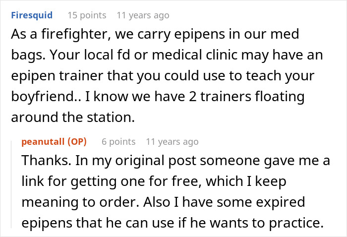 A comment about carrying Epipens for allergy, and suggesting a trainer for the boyfriend. A comment about carrying Epipens for allergy, and suggesting a trainer for the boyfriend.