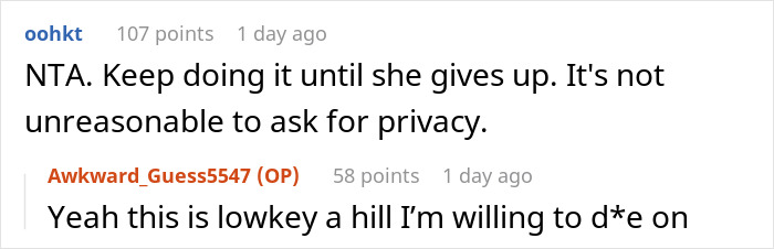 A screenshot of a Reddit comment encouraging the 22-year-old daughter to continue trying to lock her door despite her controlling mom's wishes. A screenshot of a Reddit comment encouraging the 22-year-old daughter to continue trying to lock her door despite her controlling mom's wishes.