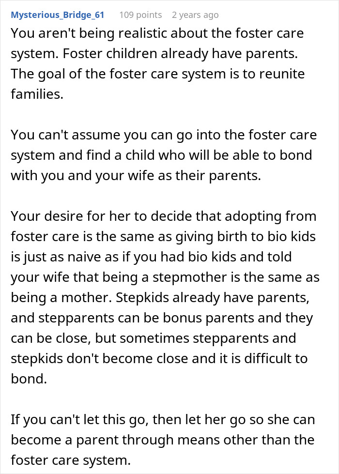 A comment about marriage, trying to conceive, and the wife's shocking beliefs on foster care.
