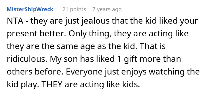A comment supporting a stepmom buying her stepson love with gifts, highlighting family jealousy.
