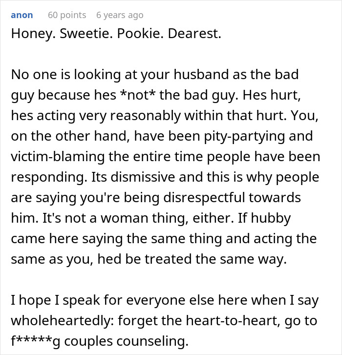 A Reddit comment advising couples counseling for a woman who moved into a guy's house and disrespected his boundaries.