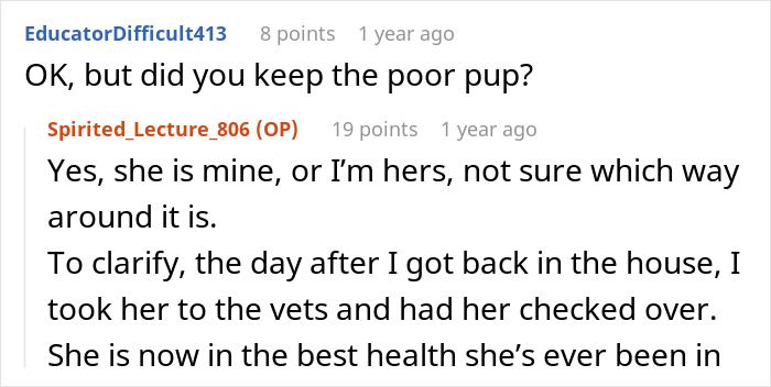 Screenshot of an online comment thread with text discussing the wellbeing of a dog, relevant to the woman's life. Screenshot of an online comment thread with text discussing the wellbeing of a dog, relevant to the woman's life.