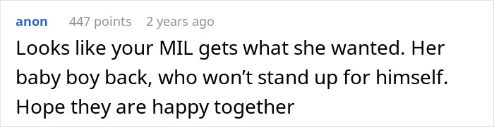 A Reddit comment suggesting the MIL got what she wanted: her baby boy back after the woman leaves her son. A Reddit comment suggesting the MIL got what she wanted: her baby boy back after the woman leaves her son.