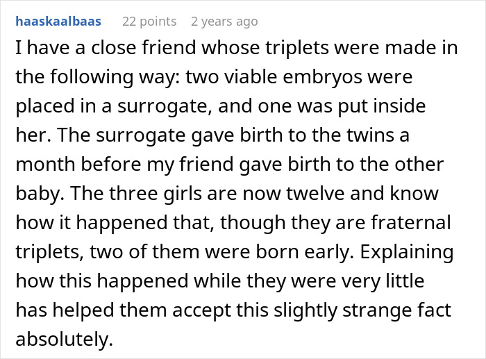 A user shares an experience about triplets and a surrogate, emphasizing the importance of not keeping the truth secret. A user shares an experience about triplets and a surrogate, emphasizing the importance of not keeping the truth secret.