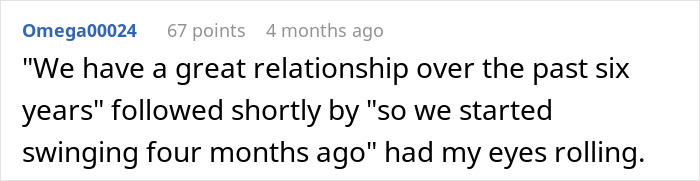 A comment about the poly wife and hubby's best friend relationship, noting the quick transition from good to swinging. A comment about the poly wife and hubby's best friend relationship, noting the quick transition from good to swinging.