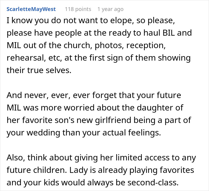 A Reddit comment on a wedding dispute, advising precautions against disruptive in-laws at the wedding and reception. A Reddit comment on a wedding dispute, advising precautions against disruptive in-laws at the wedding and reception.