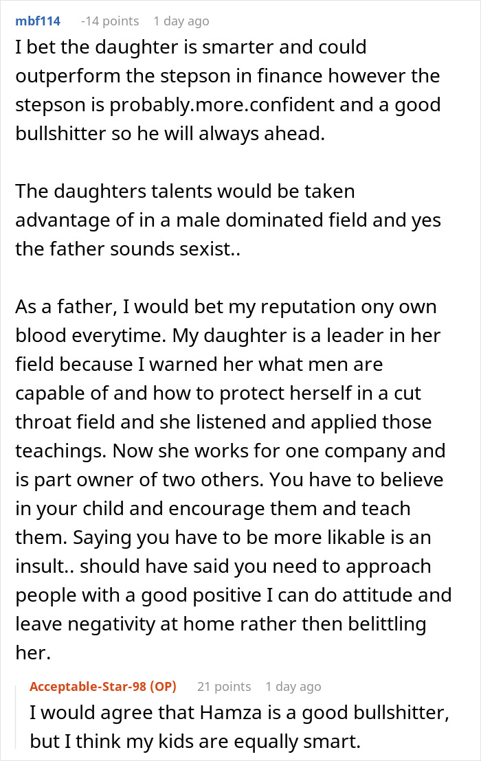 A Reddit comment discussing the dad and his kids internships, with opinions on confidence and mentorship. A Reddit comment discussing the dad and his kids internships, with opinions on confidence and mentorship.