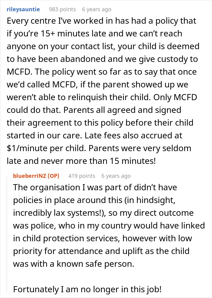 Entitled parent late: Comment discussing policies for late parents, showing how rules impact entitled parent situations.