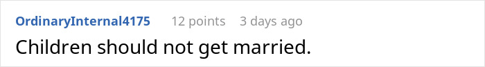 A social media comment stating that children should not get married, referring to the fiancé's behavior after the cleaning lesson. A social media comment stating that children should not get married, referring to the fiancé's behavior after the cleaning lesson.