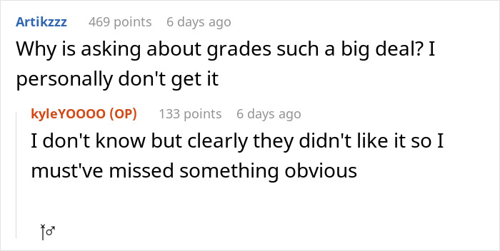 Reddit comment discussing why asking about grades is a big deal in social interactions, highlighting a guy who felt intruded upon. Reddit comment discussing why asking about grades is a big deal in social interactions, highlighting a guy who felt intruded upon.