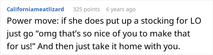 Online comment suggesting a power move for future grandma's stocking for baby's first Christmas. Online comment suggesting a power move for future grandma's stocking for baby's first Christmas.