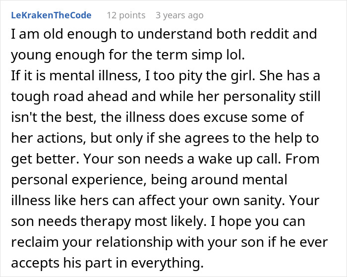 A Reddit comment suggesting the son needs therapy and to accept his part in ruining his life by stealing a family heirloom. A Reddit comment suggesting the son needs therapy and to accept his part in ruining his life by stealing a family heirloom.