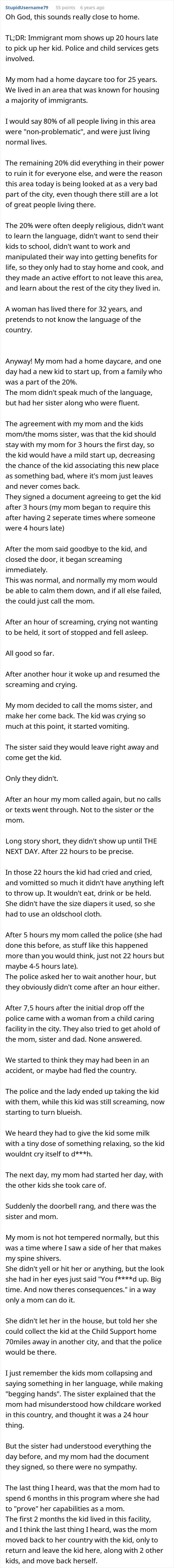 A lengthy text detailing a situation where a child was left at a home daycare for 25 hours, highlighting the entitled parent's irresponsibility.