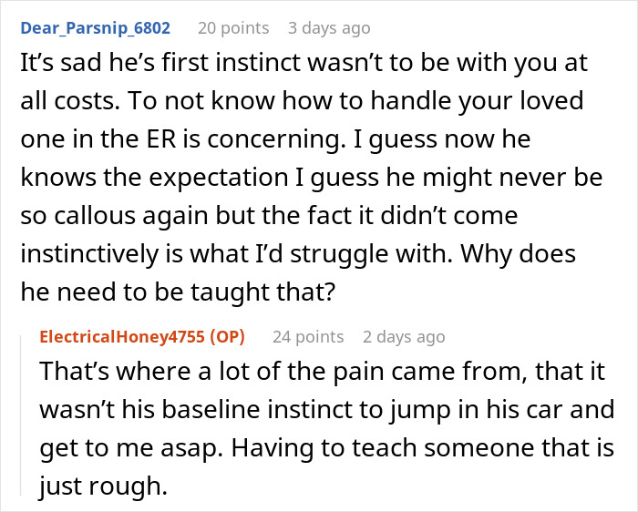 A Reddit comment from Dear_Parsnip_6802 discusses the pain of a fiancés delayed visit and the lack of instinct in a medical emergency. A Reddit comment from Dear_Parsnip_6802 discusses the pain of a fiancés delayed visit and the lack of instinct in a medical emergency.