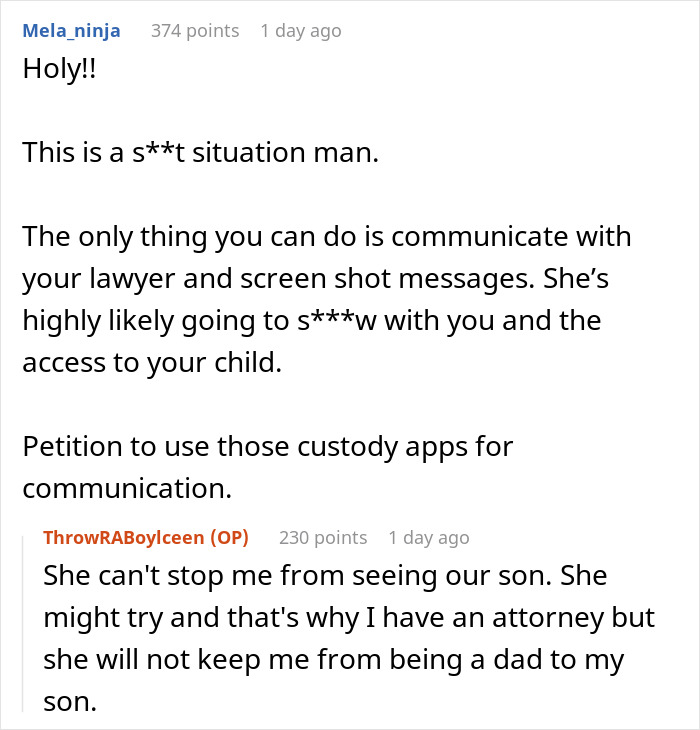 A Reddit comment section about a wife who cheats on husband, offering legal advice for ludicrous demands. A Reddit comment section about a wife who cheats on husband, offering legal advice for ludicrous demands.