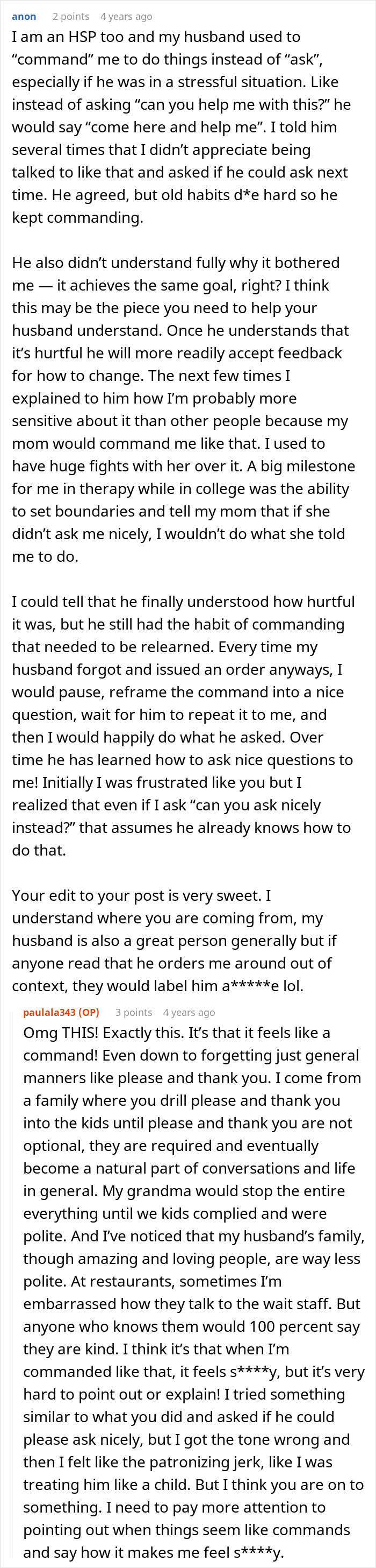 A screenshot showing a wife describing her hubby's questions that put her on edge in a forum post. A screenshot showing a wife describing her hubby's questions that put her on edge in a forum post.