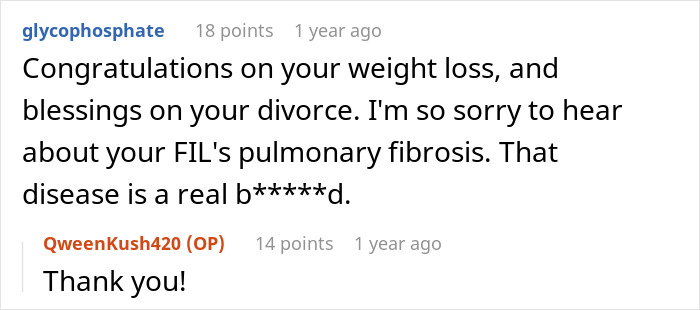 A comment congratulating on weight loss and divorce after a cheating husband, with well wishes. A comment congratulating on weight loss and divorce after a cheating husband, with well wishes.