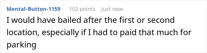 A Reddit comment about a 4-venue wedding, mentioning bailing after the first or second location due to parking costs.