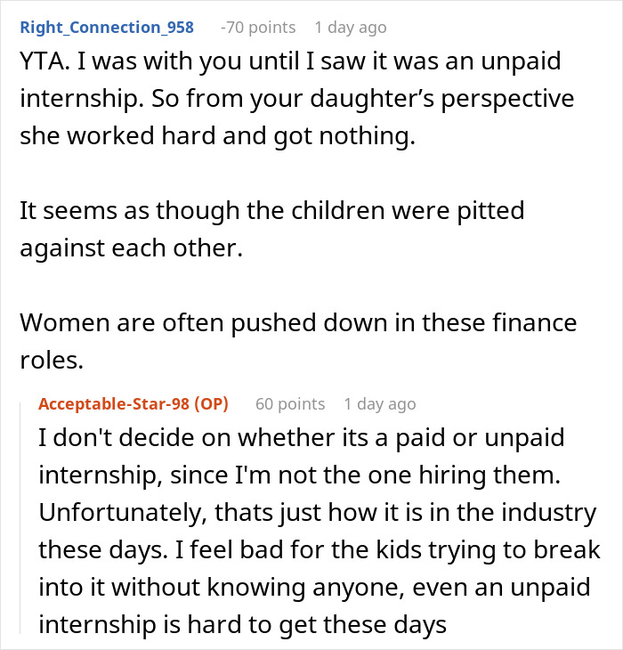 A Reddit comment about children pitted against each other over internships, some being unpaid. A Reddit comment about children pitted against each other over internships, some being unpaid.