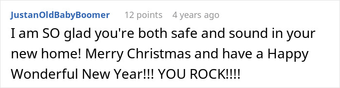 Screenshot of a comment from JustanOldBabyBoomer celebrating the safety of the woman and her adopted baby. Screenshot of a comment from JustanOldBabyBoomer celebrating the safety of the woman and her adopted baby.