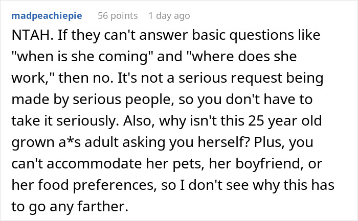 A Reddit comment stating NTBH for not housing a 25YO niece if family cannot provide basic answers or if the niece doesnt ask herself. A Reddit comment stating NTBH for not housing a 25YO niece if family cannot provide basic answers or if the niece doesnt ask herself.