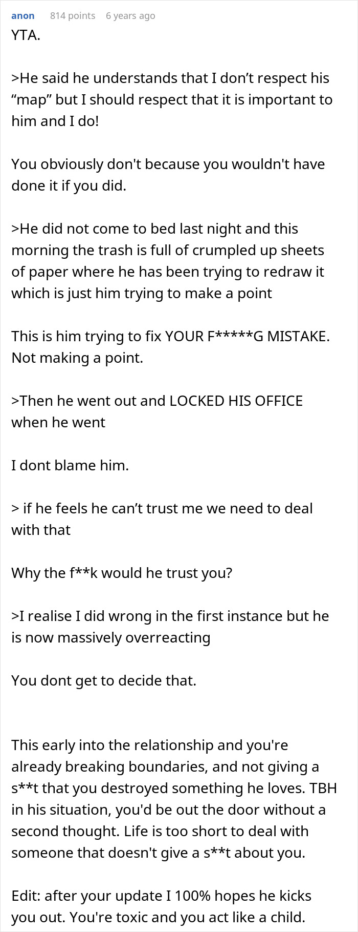 A Reddit comment from anon about a woman deciding her boundaries no longer apply after moving into a guy's house.