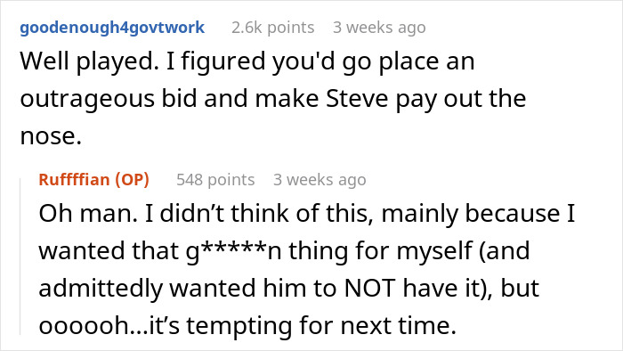 Reddit comments discussing the charity auction strategy and how a guest beat the competition. Reddit comments discussing the charity auction strategy and how a guest beat the competition.