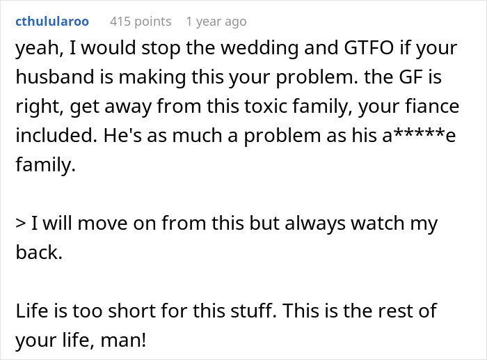 A Reddit comment advising to stop a wedding if the husband makes it the wife's problem, amidst a family dispute. A Reddit comment advising to stop a wedding if the husband makes it the wife's problem, amidst a family dispute.