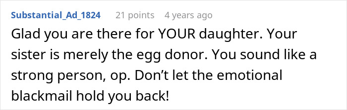 A comment supporting a woman who adopted her sister's baby, warning against emotional blackmail after a kidnapping attempt. A comment supporting a woman who adopted her sister's baby, warning against emotional blackmail after a kidnapping attempt.
