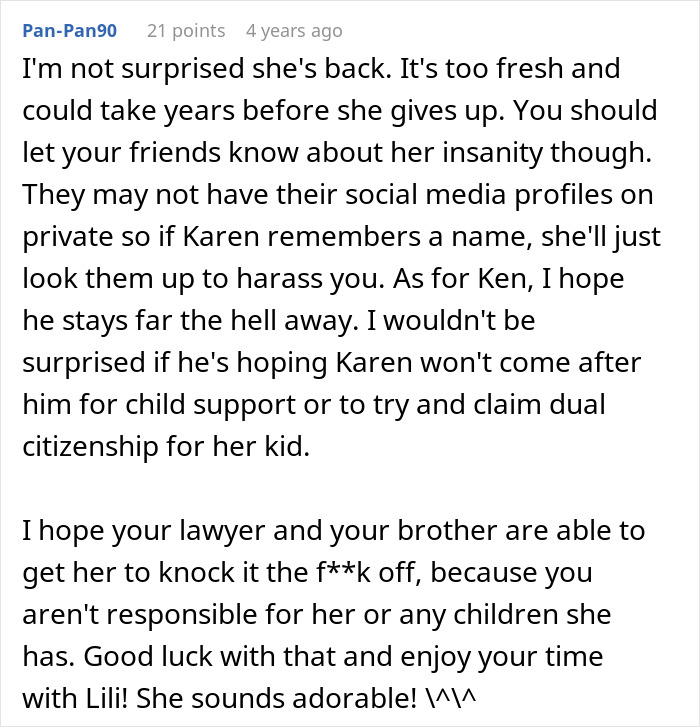 A detailed comment advising on dealing with the half-sister's insanity regarding infertility and being a mom.