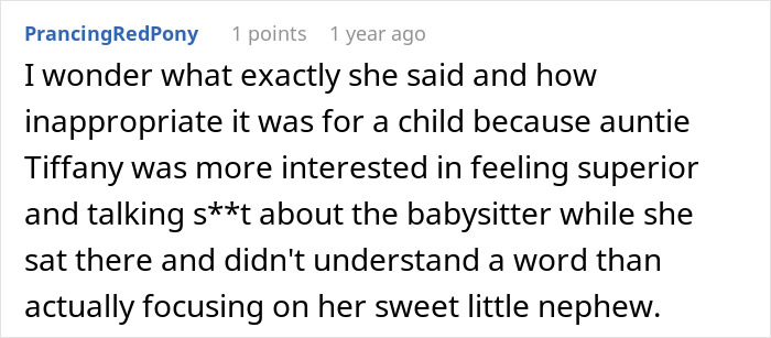 A screenshot showing a comment from PrancingRedPony about an aunt bullying a babysitter and her inappropriate behavior.